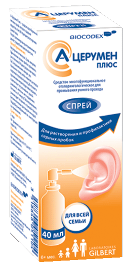 Средство многофункциональное отоларингологическое для промывания ушного прохода «А-Церумен Плюс» (A-Cerumen Plus) с принадлежностями: фл. с нас.-расп. 40 мл - пач. картон.