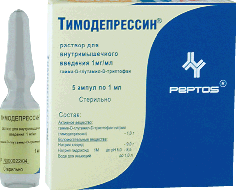 Тимодепрессин®: р-р для в/м введ. 1 мг/мл, №5 - амп. 1 мл (5)  - уп. контурн. яч. - пач. картон. 