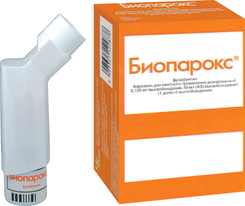Биопарокс®: аэроз. д/местн. прим. доз. 0.125 мг, балл. аэроз. алюм. с доз. клапан. 10 мл (400 доз) - поддон пластик. - пач. картон. 