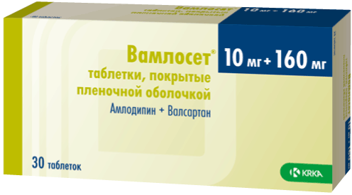 Вамлосет®: табл. п.п.о. 10 мг+160 мг, №30 - 10 шт. - уп. контурн. яч. (3)  - пач. картон. 