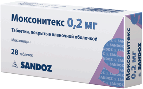 Моксонитекс: табл. п.п.о. 0.2 мг, №28 - 7 шт. - бл. (4)  - пач. картон. 