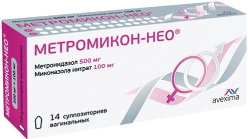 МЕТРОМИКОН-НЕО®: супп. ваг. 500 мг+100 мг, №14 - 7 шт. - уп. контурн. яч. (2)  - пач. картон. 