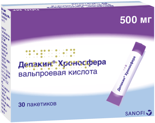 Депакин® Хроносфера: гран. с пролонг. высвобожд. 500 мг, №30 - пак. комб. (30)  - пач. картон. 