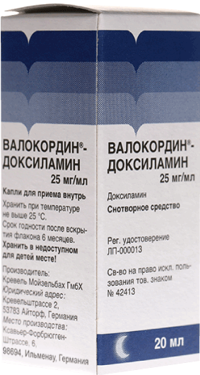 Валокордин®-Доксиламин: капли для приема внутрь 25 мг/мл, фл.-кап. темн. стекл. 20 мл - пач. картон. 