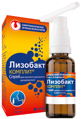 Лизобакт КОМПЛИТ®: спрей д/местн. прим. доз. 0.1 мг+4 мг+0.3 мг/доза, фл.  (125 доз) - пач. картон. 
