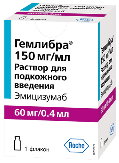 Гемлибра®: р-р для п/к введ. 150 мг/мл, фл. 0,4 мл - пач. картон. 