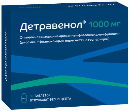 Детравенол®: табл. п.п.о. 1000 мг, №30 - 10 шт. - уп. контурн. яч. (3)  - пач. картон. 