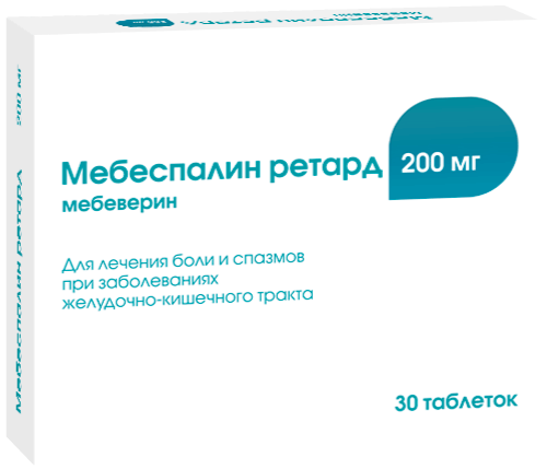 Мебеспалин ретард: табл. с пролонг. высвоб. п.п.о. 200 мг, №30 - 10 шт. - уп. контурн. яч. (3)  - пач. картон. 