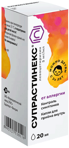 Супрастинекс®: капли для приема внутрь 5 мг/мл, фл. темн. стекл. с ПЭ-кап. 20 мл - пач. картон. 