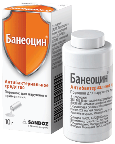 Банеоцин®: пор. д/наружн. прим. 250 МЕ/г+5000 МЕ/г, бан. ПЭ 10 г - пач. картон. 