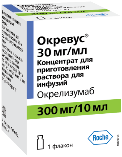 Окревус®: конц. для р-ра д/инф. 30 мг/мл, фл. 10 мл - пач. картон. 
