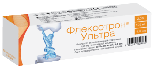 ФЛЕКСОТРОН® Ультра (FLEXOTRON® Ultra) Имплантат вязкоэластичный стерильный для внутрисуставных инъекций: шпр. 4.8 мл - уп. контурн. яч. - пач. картон.